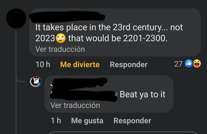 Satisfying correction online: a user clarifies that a story takes place in the 23rd century, not the year 2023, correcting the misunderstanding.