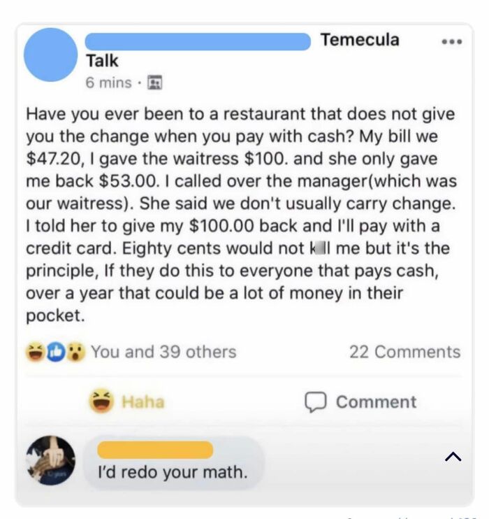 A social media post where a person is corrected online about their math regarding change from a restaurant, showing a satisfying correction.