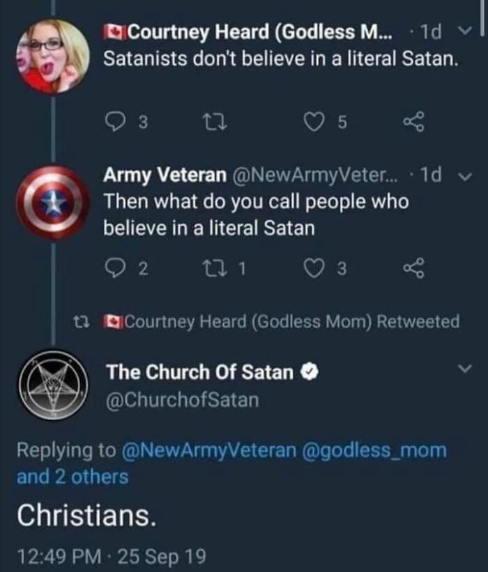 A social media conversation where The Church of Satan corrects someone online about who believes in a literal Satan, offering a satisfying correction.