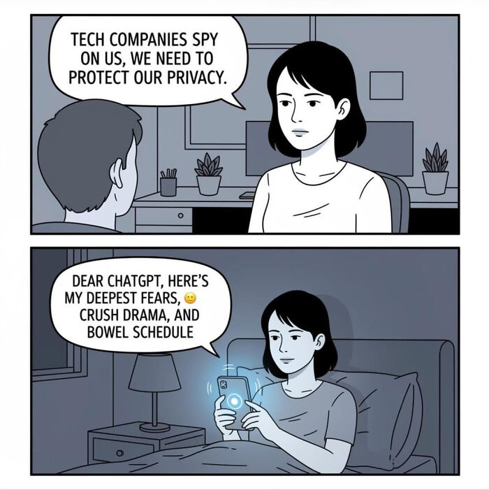 A funny AI meme in a two-panel comic, highlighting the paradox of hating on AI privacy concerns but sharing personal info with ChatGPT.