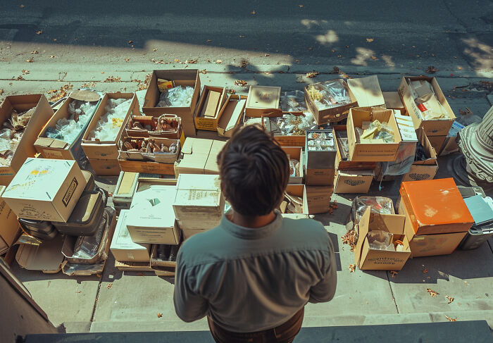A person looking at many boxes, representing various unpopular industries that actually make millions.
