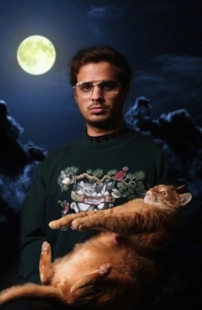 A man in a green sweater and glasses holding an orange cat under a full moon, one of the funniest animal photos.