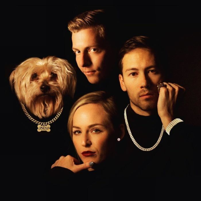Two men and a woman posing with a fluffy dog wearing a gold chain, creating a humorous animal photo.