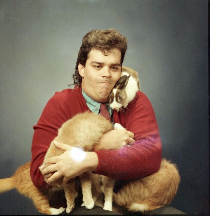 A man with a mullet holding two cats, part of a collection of funny animal photos.