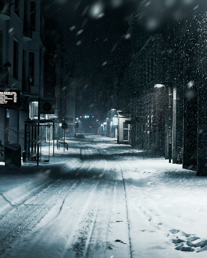 Snowy street scene at night, not directly related to health inspections but perhaps an metaphor for cold food or failed places.