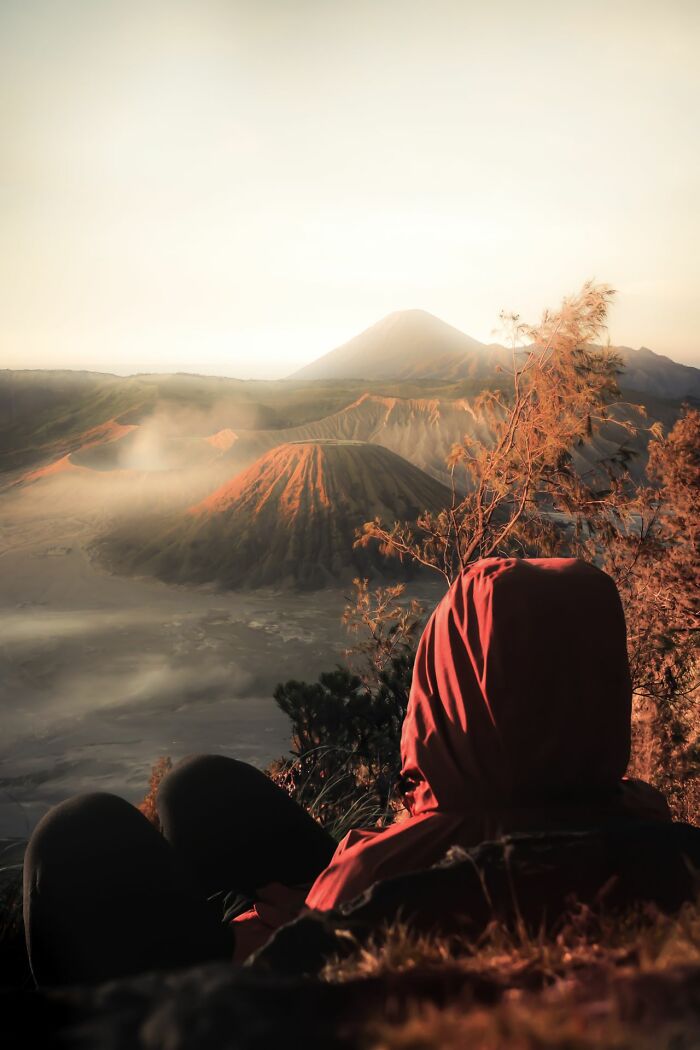 A person in a red hoodie overlooking a volcanic landscape, representing the shocking and unusual ways people have lost their lives.