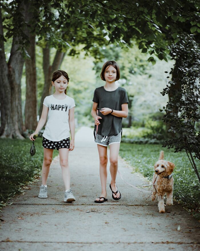 Two young children and a dog walking on a path, a parent capturing a moment of their children being happy.