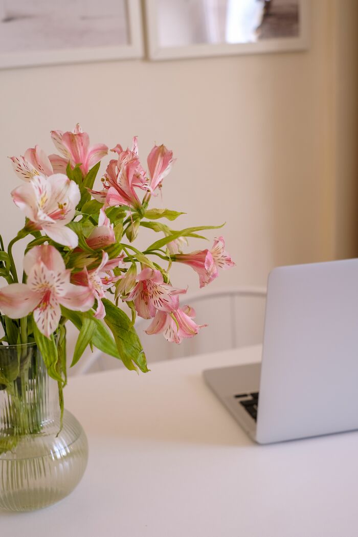 Flowers on a desk next to a laptop, a calm scene contrasting a crazy office story from a final day at work.