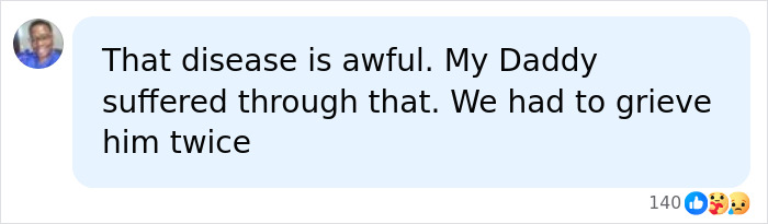 A social media comment discussing the awful disease and grief, after harrowing diagnosis reveal. A social media comment discussing the awful disease and grief, after harrowing diagnosis reveal.