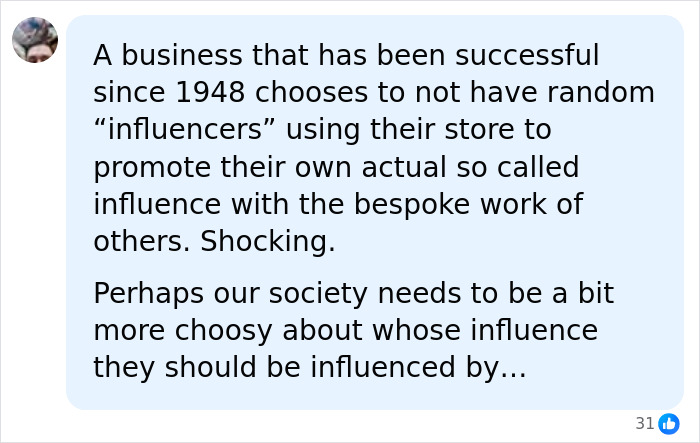 A social media comment defending the Nantucket store's right to refuse influencers and protect its legacy.