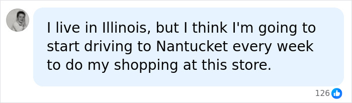 Social media comment about shopping weekly at a Nantucket store