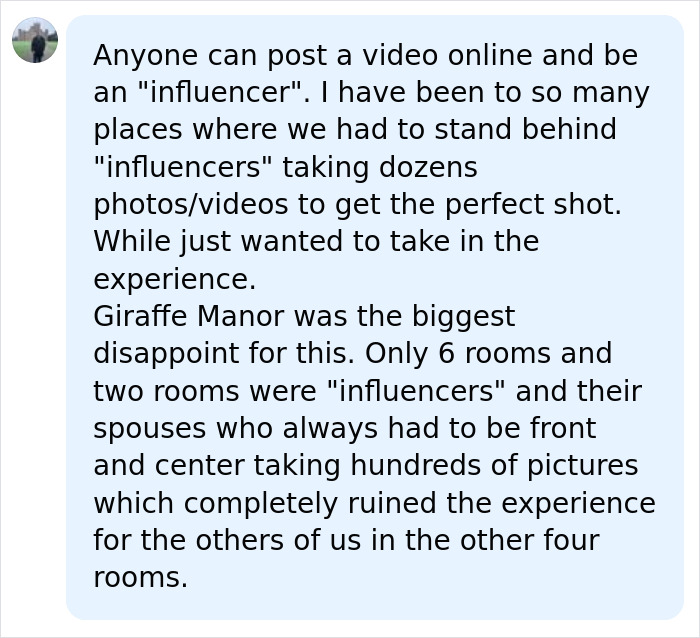A social media user's rant about negative experiences with influencers at Giraffe Manor, ruining others' experiences.