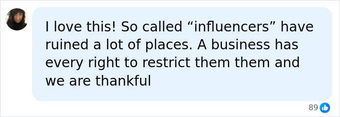 Screenshot of a comment supporting the Nantucket store's no influencers sign, criticizing influencers.