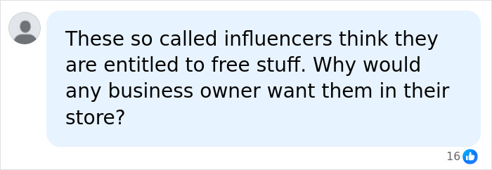 A social media comment questioning why businesses would want influencers who expect free stuff, about the Nantucket store.