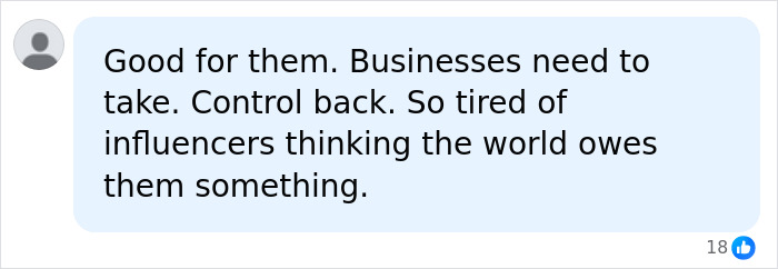 A social media comment supporting businesses taking control back from influencers, related to the Nantucket store.