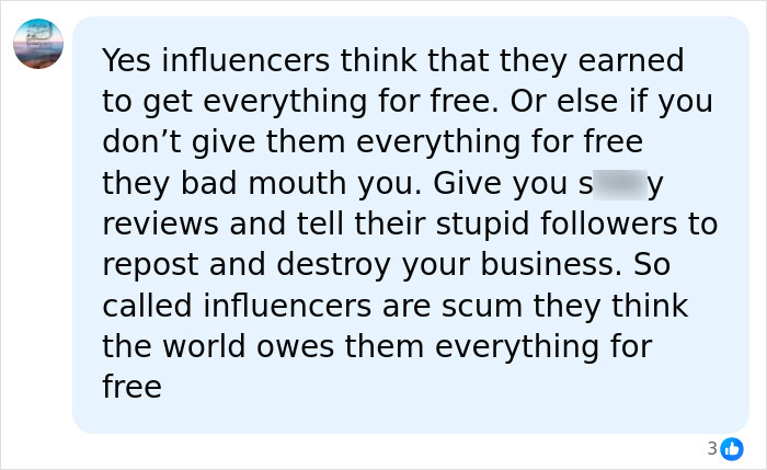 A social media user's strong rant about influencers expecting freebies and giving bad reviews to businesses.