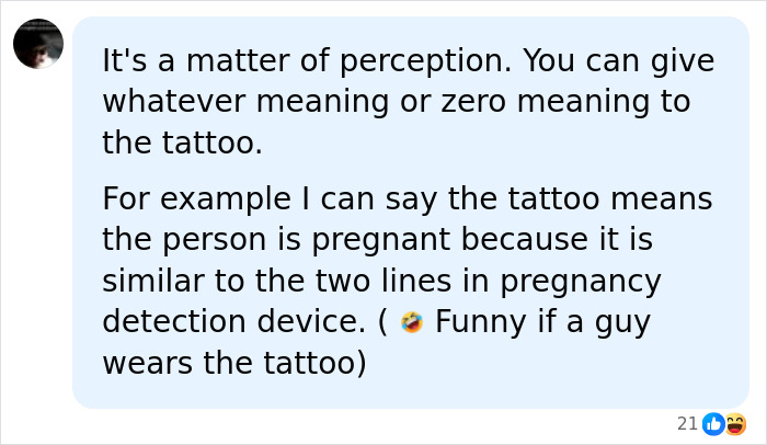 A social media comment about the most requested tattoo meaning two lines in pregnancy detection devices, highlighting tattoo industry perceptions.