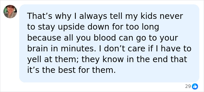 A chat bubble with text about not staying upside down for too long, referencing the man trapped headfirst.