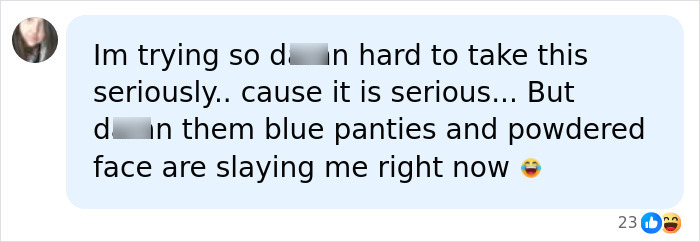 A social media comment about a mime terrorizing women, trying to take it seriously but finding humor in blue panties and powdered face. A social media comment about a mime terrorizing women, trying to take it seriously but finding humor in blue panties and powdered face.