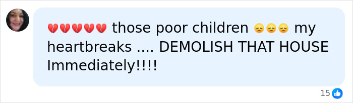 Ohio House of Horrors: A social media comment expressing heartbreak for the children and calling to demolish the house. Ohio House of Horrors: A social media comment expressing heartbreak for the children and calling to demolish the house.