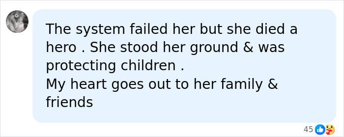 Screenshot of a comment stating the system failed an influencer, but she died a hero protecting children.