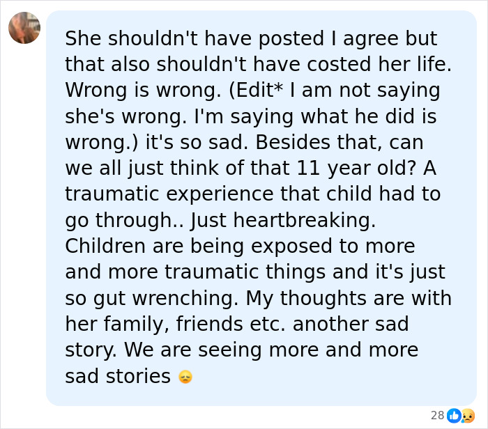 Influencer's 911 call: A social media comment reflecting sadness and concern for the child after a tragic event.