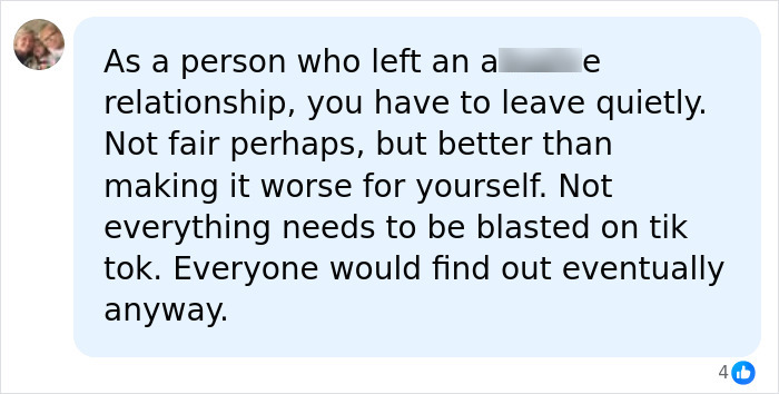 Screenshot showing a comment advising quiet departure from a*****e relationships, referencing an influencer who exposed her husband on TikTok.