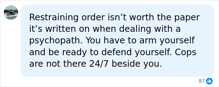 Screenshot of a comment about restraining orders not being enough to prevent an influencer's d***h.