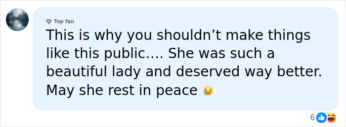 Screenshot of a top fan comment suggesting not to make things public, mourning the influencer's passing.