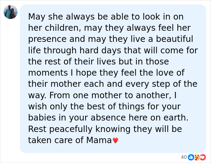 Screenshot of a comment offering condolences and support for an influencer's children after her d***h.