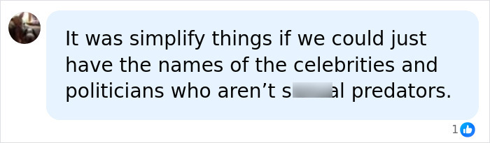 A social media comment asking for a list of celebrities and politicians who are not predators, related to Jared Leto allegations. A social media comment asking for a list of celebrities and politicians who are not predators, related to Jared Leto allegations.