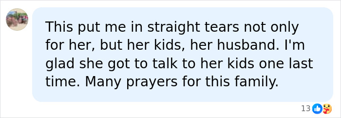 A social media comment expressing sadness and prayers for the family after a mother loses her life in a marshmallow accident.