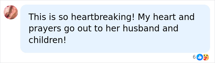 A social media comment expressing heartbreak and prayers for the family after the mom's marshmallow accident.