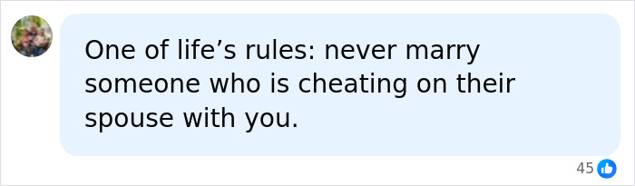 A social media comment discussing the Michigan man and his wife's Reddit posts, advising against marrying a cheater.