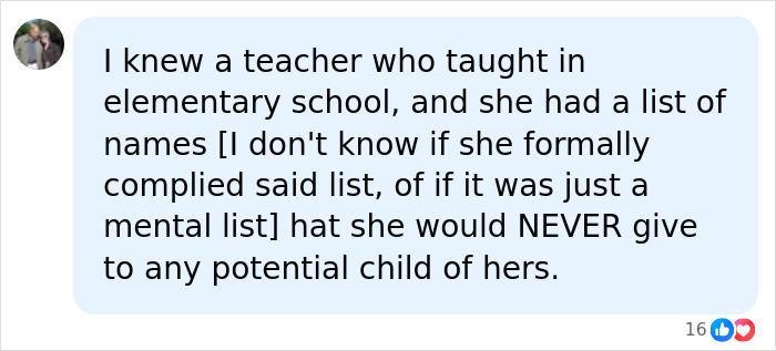 A social media post where a teacher talks about a mental list of names of red flag students she would never give her own child.