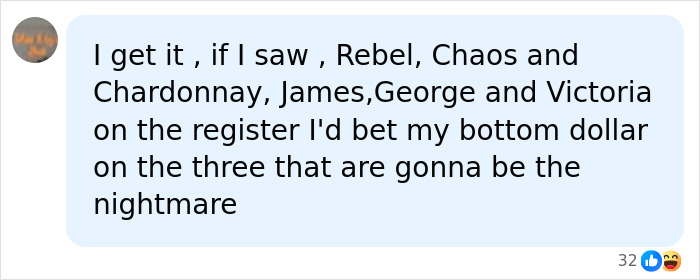A comment about names like Rebel, Chaos, and Chardonnay, suggesting teachers can spot red flag students by their names.