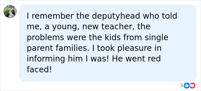 A teacher recalls a conversation about red flag students from single-parent families, revealing her own background.
