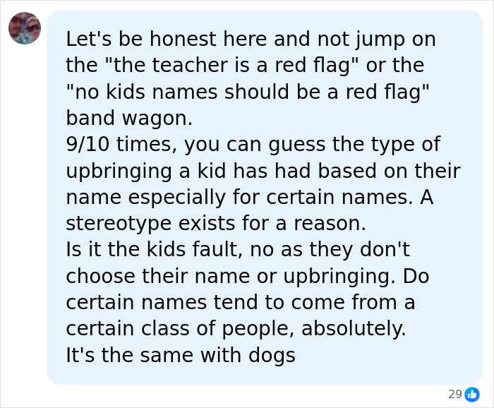 A comment discussing how certain names might indicate a students upbringing, relating to teachers spotting red flag students.