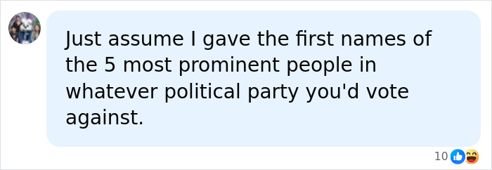 A social media comment from a teacher about spotting red flag students by their names, mentioning political figures.