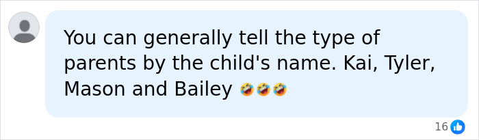 A social media comment indicating that you can tell the type of parents by their child's name, listing Kai, Tyler, Mason, and Bailey as red flag students.