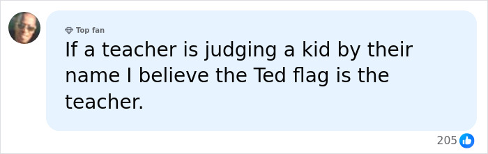 A social media comment discussing if teachers can spot red flag students by their names, questioning the teacher's judgment.