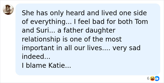 Screenshot of a social media comment about Katie Holmes, Suri, and Tom Cruise: father-daughter relationship importance.