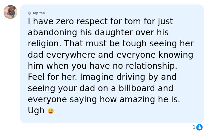 A social media comment about Tom Cruise and Suri's legal action against her father.