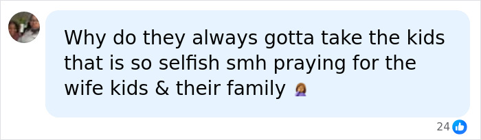 A Reddit comment asking why kids are involved in tragedies, praying for the wife, kids, and family, referencing Reddit posts. A Reddit comment asking why kids are involved in tragedies, praying for the wife, kids, and family, referencing Reddit posts.