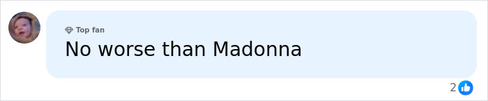 A comment on social media defending Shania Twain against body shamers, stating No worse than Madonna. A comment on social media defending Shania Twain against body shamers, stating No worse than Madonna.