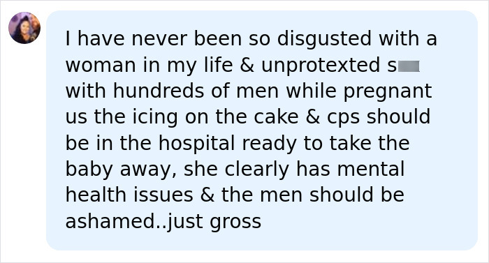 A social media comment expressing disgust about adult star Bonnie Blue and her baby bump during an event.