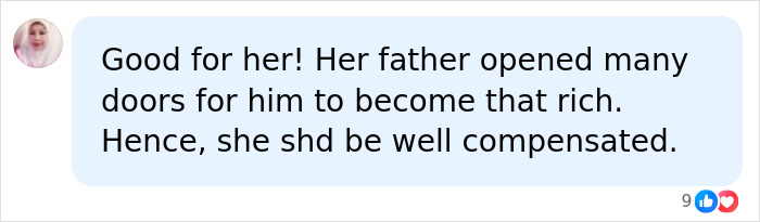 A comment about a billionaire and divorce, stating her father helped him get rich. Divorce of the Century. A comment about a billionaire and divorce, stating her father helped him get rich. Divorce of the Century.