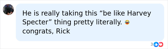 A social media comment about a Hollywood star's unrecognizable new look, referencing the character Harvey Specter. A social media comment about a Hollywood star's unrecognizable new look, referencing the character Harvey Specter.