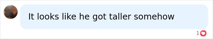 A social media comment reading: It looks like he got taller somehow, with a heart reaction. A social media comment reading: It looks like he got taller somehow, with a heart reaction.