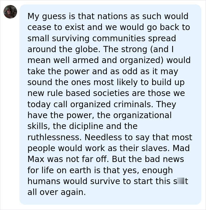 Text explaining the aftermath of nuclear war, with only 2 countries surviving and organized criminals building new societies.